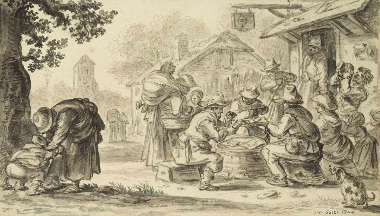 Um Farmers Card Game em frente ao Inn, 1624 (lápis, caneta e tinta e pincel sobre papel) de Jan Josephsz van Goyen