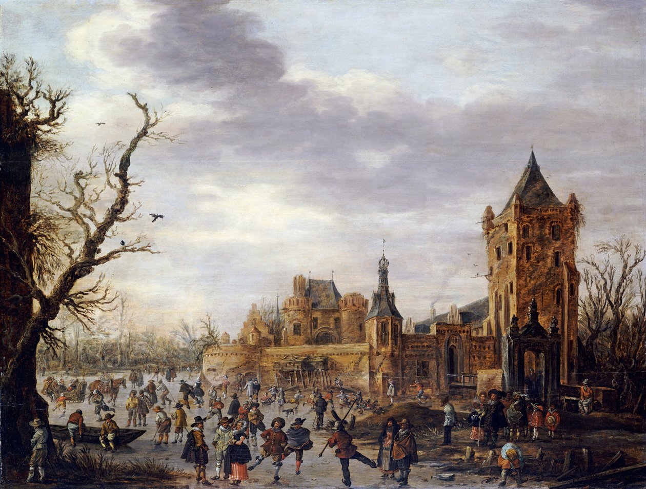 Uma vista de Kasteel Batestein Vianen, no inverno com um cavalheiro, sua esposa e seu companheiro assistindo esportes de inverno no gelo de Jan Josephsz van Goyen