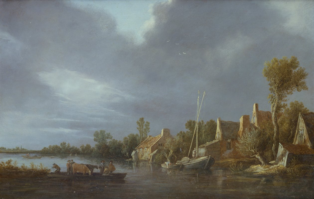 Uma Aldeia junto a um Rio com Camponeses e Gado num Ferry de Jan Josephsz van Goyen