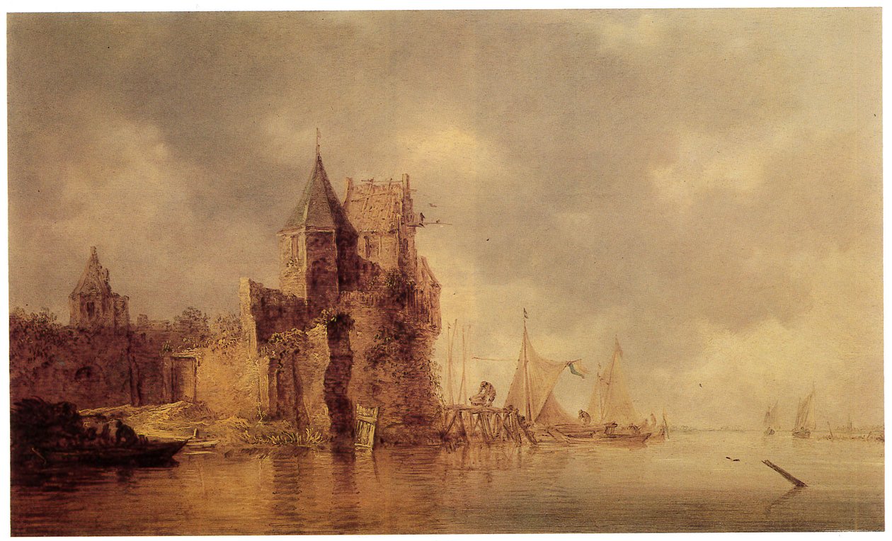 Uma torre medieval na muralha de um castelo com veleiros em um píer e um barco a remo em primeiro plano, c.1642 (óleo no painel) de Jan Josephsz van Goyen
