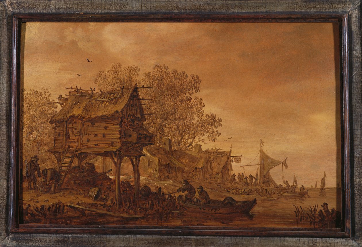 Uma aldeia na margem do rio com camponeses em um barco por uma pomba, 1651 de Jan Josephsz van Goyen