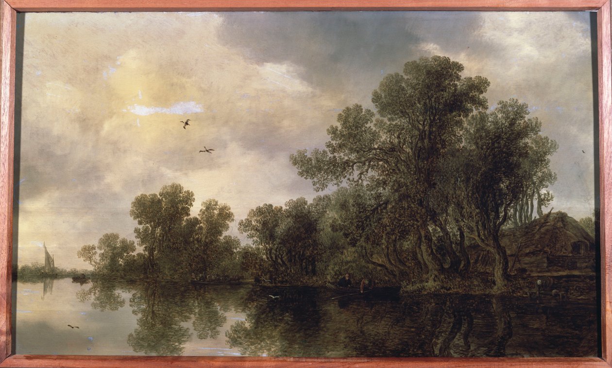 Uma paisagem de rio arborizada, com camponeses em um barco a remo por uma cabana e uma balsa, um barco à vela ao longe, 1633 de Jan Josephsz van Goyen