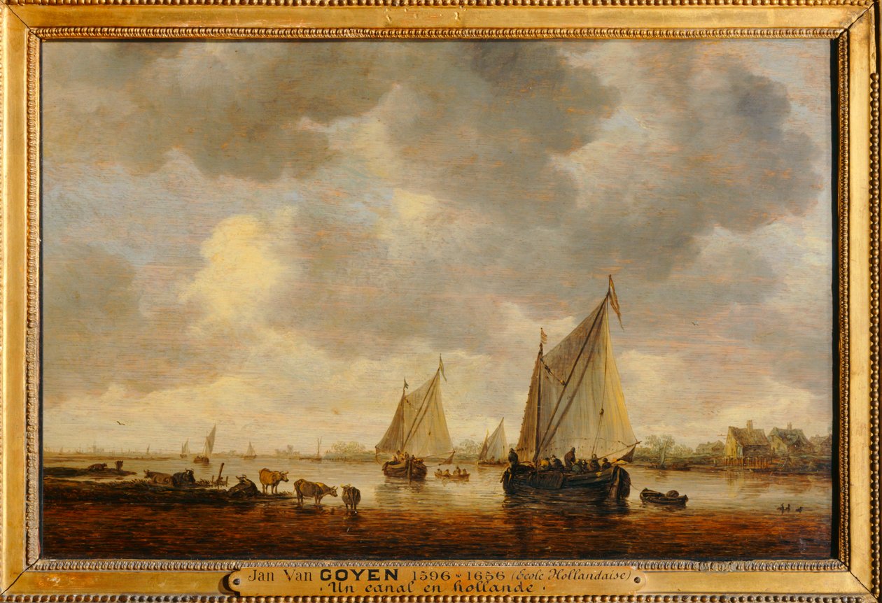 Deux grandes barques à voiles sur un fleuve et bestiaux près de la rive - Dois grandes barcos à vela num rio e animais nas margens ... de Jan Josephsz van Goyen
