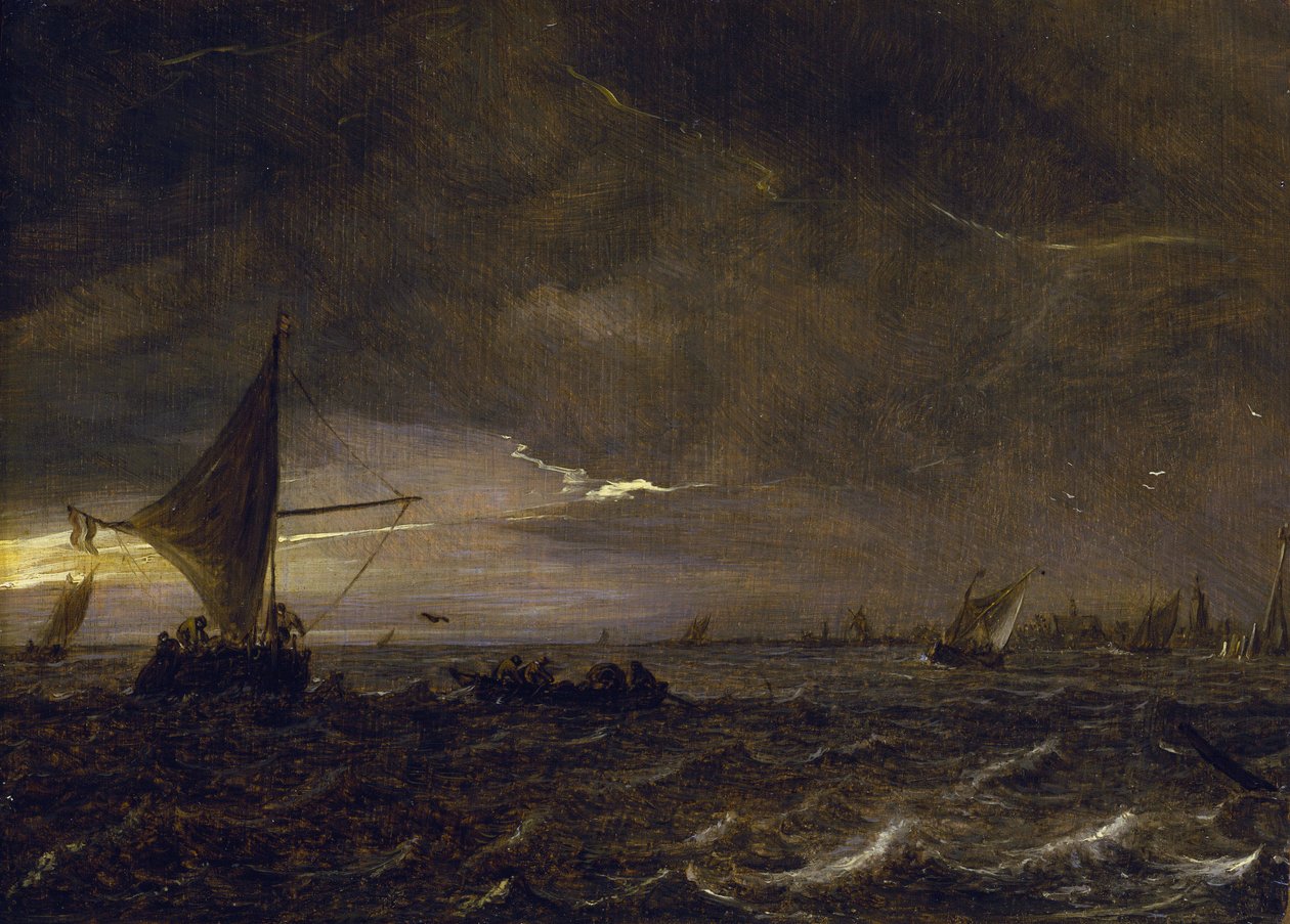 Barcos de pesca num estuário ao anoitecer, com vista para uma cidade e a sua torre sineira no horizonte. Óleo sobre madeira de Jan van Goyen (1596-1656). de Jan Josephsz van Goyen