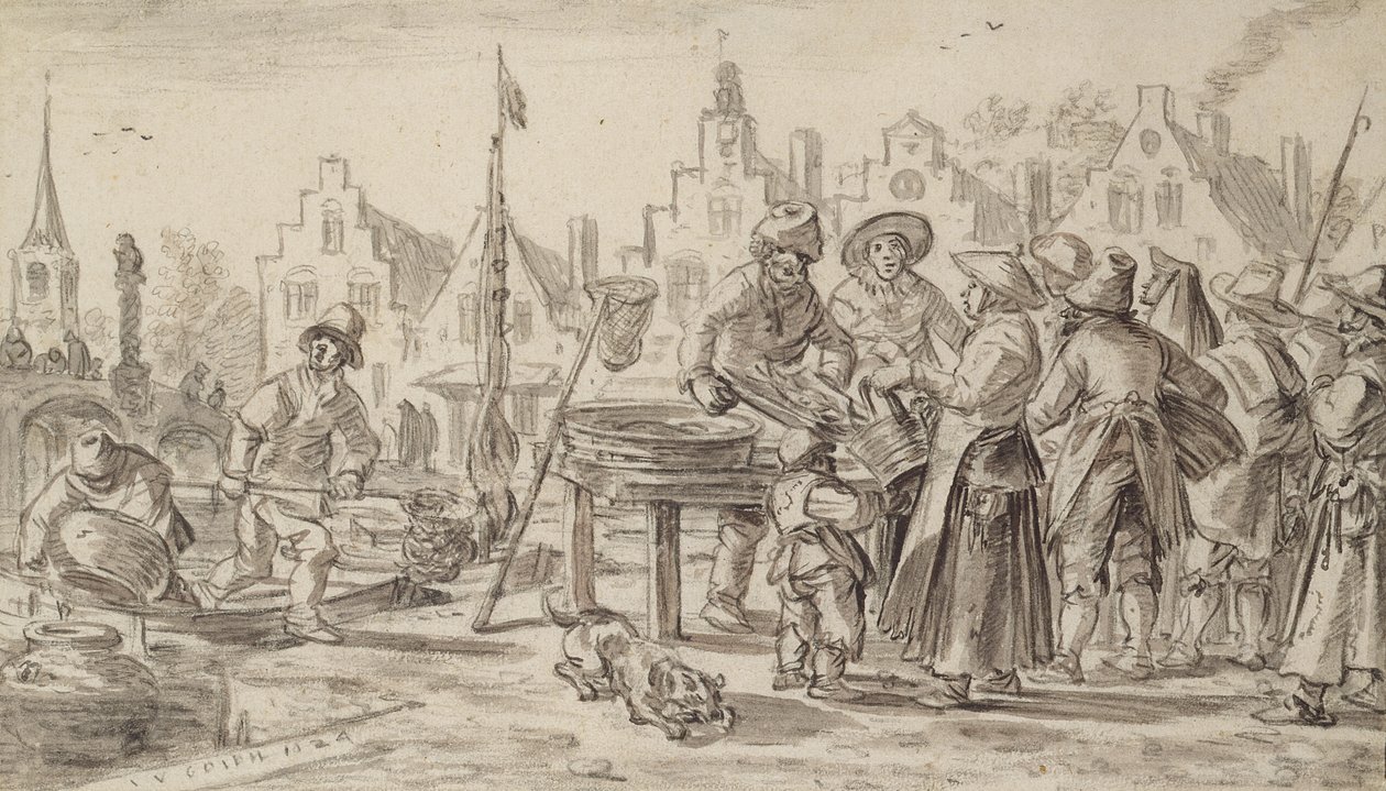Fishmarket, 1624 (caneta e pincel e tinta marrom no papel) de Jan Josephsz van Goyen