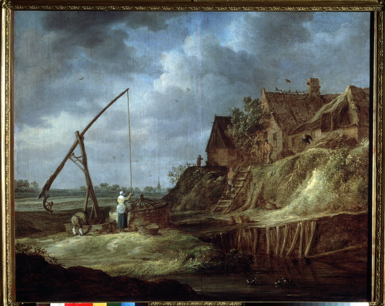 ""Paisagem no poço"" Casas ou casa de fazenda holandesa com telhado de palha. (Paisagem com um poço de desenho) Pintura de Jan Josefsz van Goyen (1596-1656) 1642 Museu Pushkin, Moscou de Jan Josephsz van Goyen