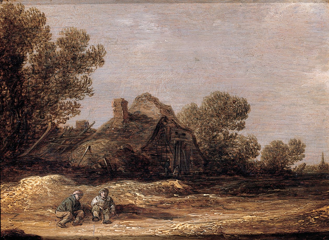 Camponeses descansando em uma pista por uma fazenda - um fragmento de Jan Josephsz van Goyen