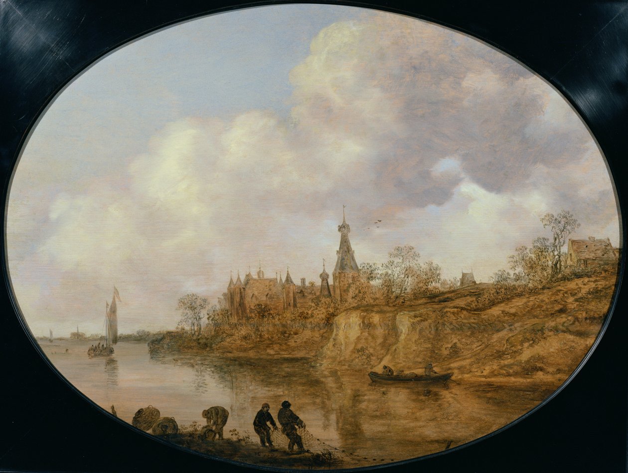 Três Pescadores Transportando uma Rede e Cestas na Margem de uma Paisagem Fluvial com um Castelo e Aldeia à Distância de Jan Josephsz van Goyen
