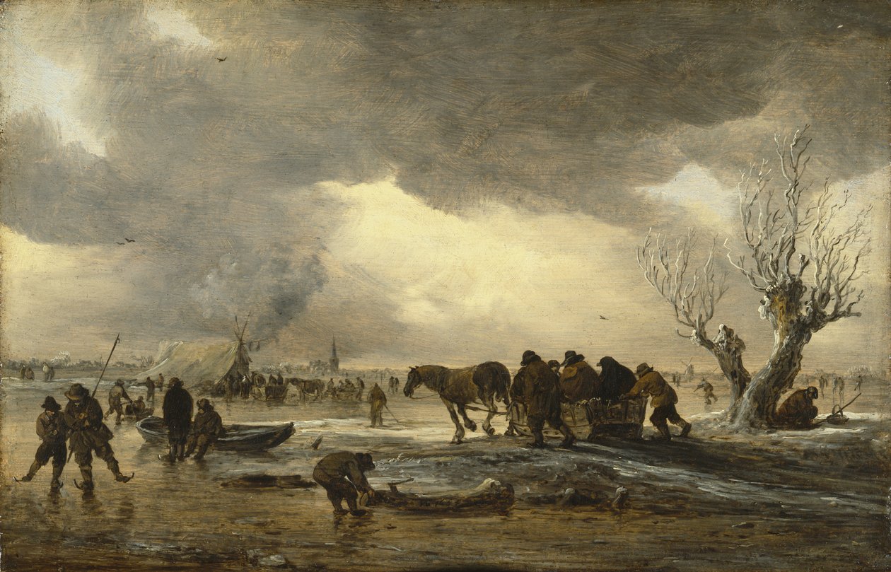 Cena de inverno com um trenó em primeiro plano e figuras reunidas à volta de uma tenda no gelo de Jan Josephsz van Goyen