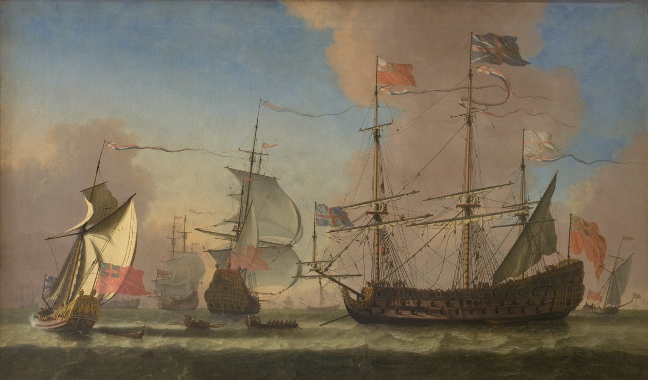 Navios de guerra ingleses no mar em uma brisa fresca de Jan Karel Donatus van Beecq