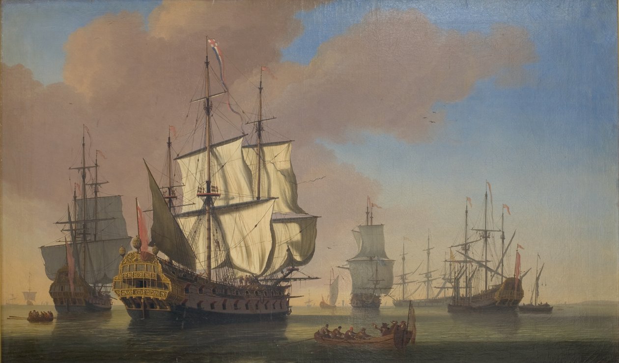 Navios de guerra ingleses em uma enseada em clima calmo de Jan Karel Donatus van Beecq