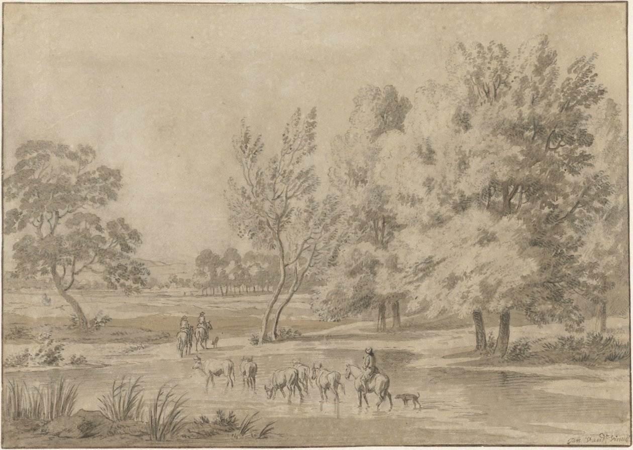 Paisagem com árvores, cavaleiros e algumas vacas em um local de rega de Jan Laurensz. van der Vinne