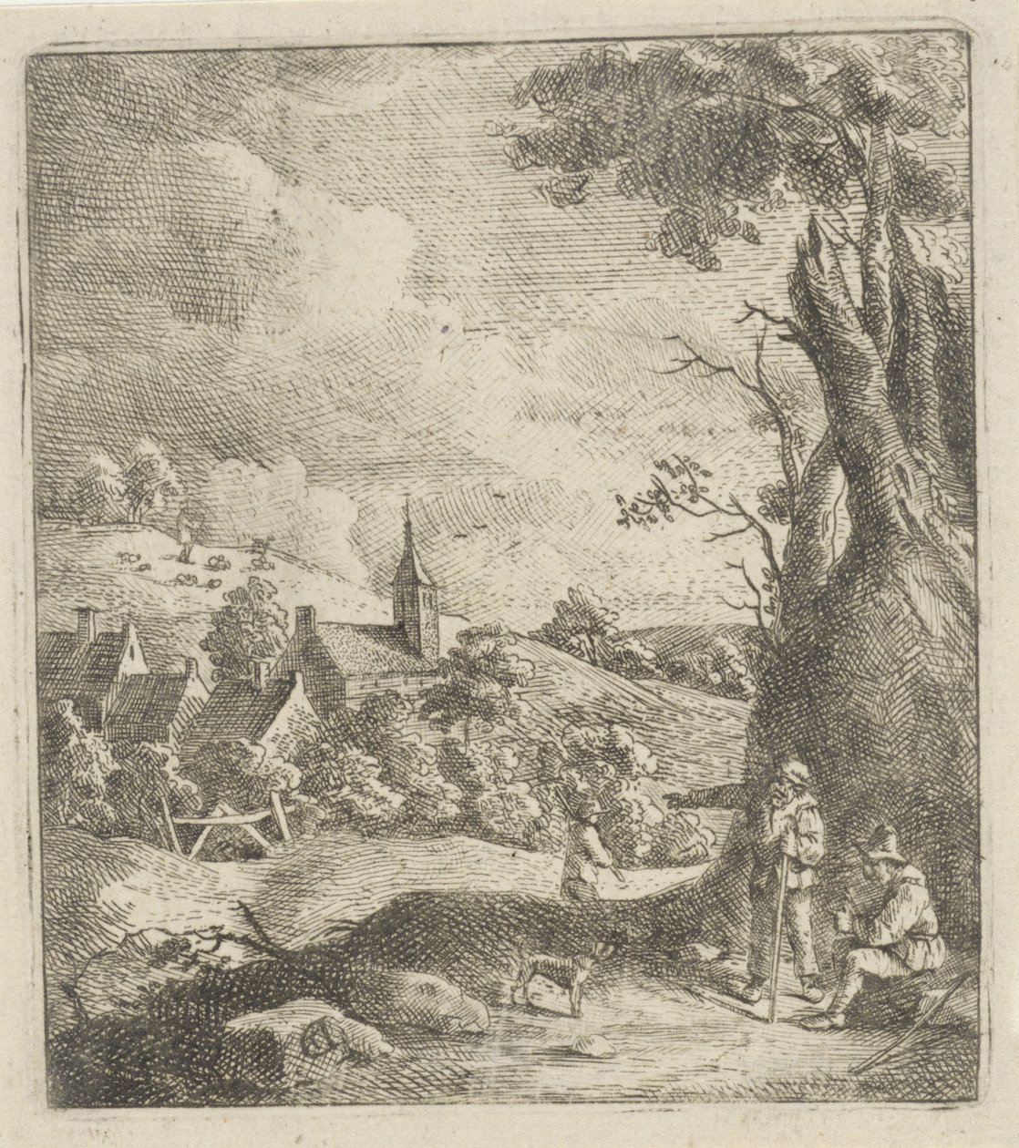 Paisagem com uma aldeia e dois homens junto a uma árvore de Jan Lauwryn Krafft (I) (attributed to)