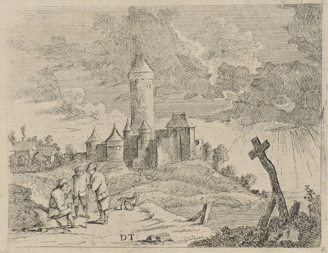 Paisagem com castelo e três homens de Jan Lauwryn Krafft (I) (possibly)