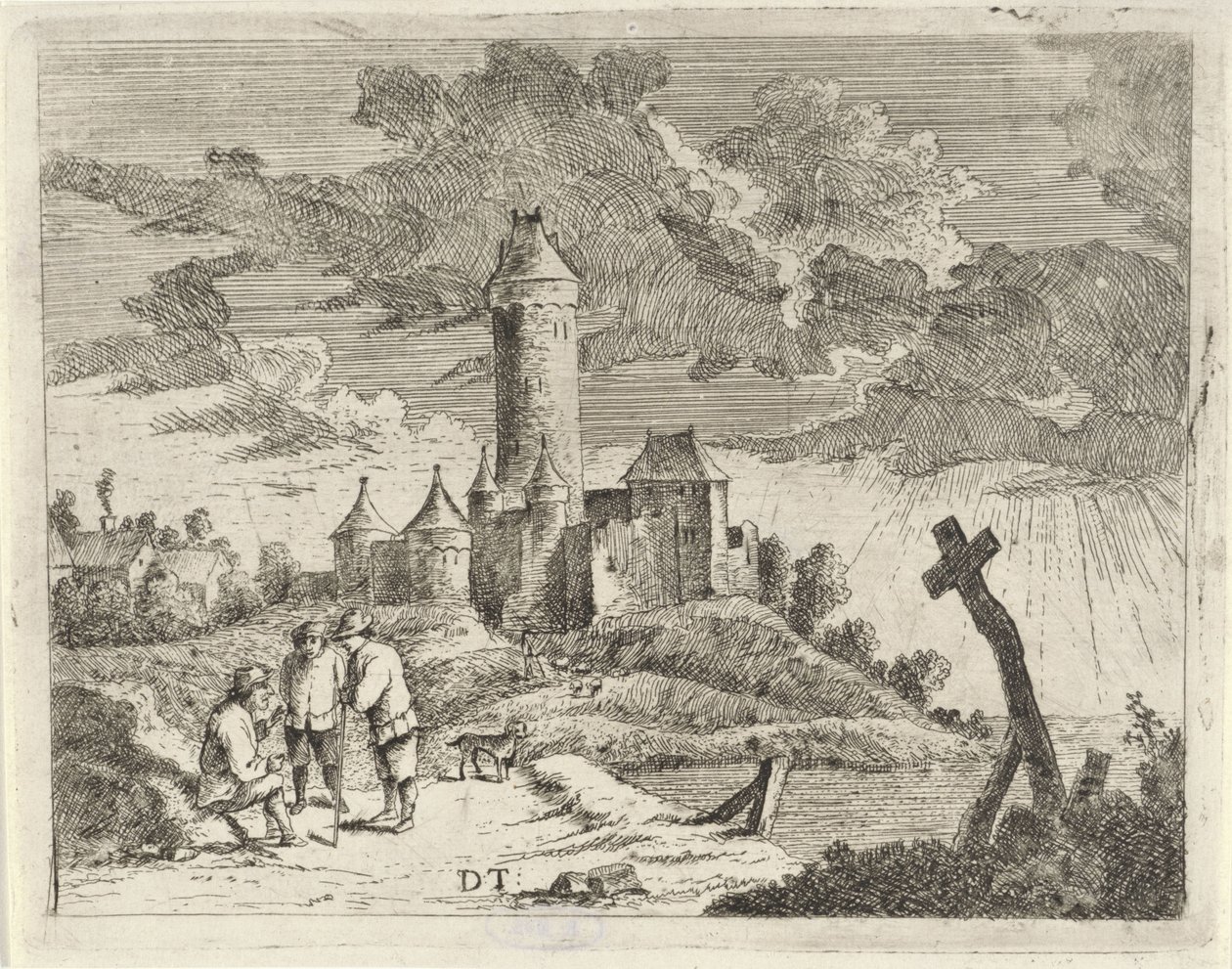 Paisagem com castelo e três homens de Jan Lauwryn Krafft (I) (possibly)