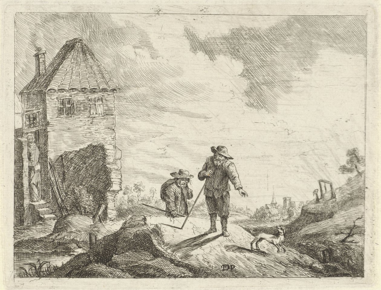 Dois fazendeiros com um cachorro em uma estrada rural de Jan Lauwryn Krafft (I) (possibly)