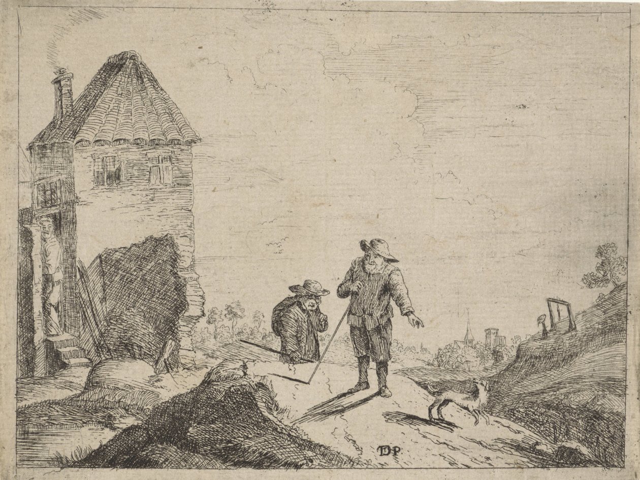 Dois fazendeiros com um cachorro em uma estrada rural de Jan Lauwryn Krafft (I) (possibly)