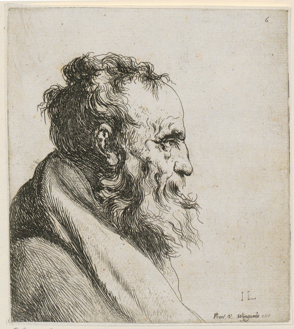 Retrato de meio corpo de um homem idoso e barbudo, de perfil para a direita de Jan Lievens