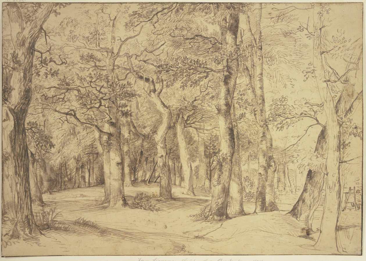 O interior de uma floresta, à direita um pintor está sentado diante do cavalete de Jan Lievens