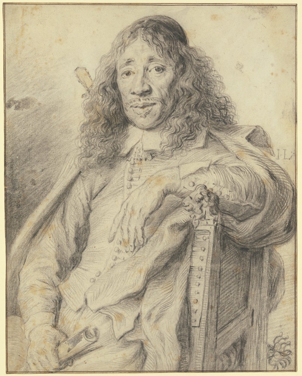 O poeta Jan Vos, sentado numa poltrona, a olhar para a esquerda de Jan Lievens