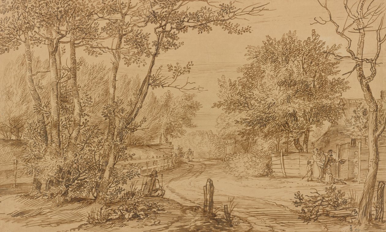 Vista de um caminho na floresta de Haia, com mendigos à porta de uma cabana de Jan Lievens