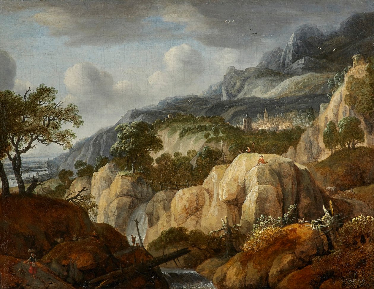 Paisagem de montanha com um desenhador de Jan Looten