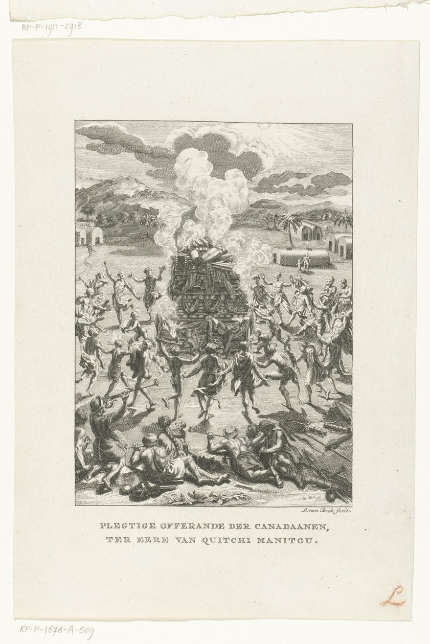Os habitantes originais do Canadá sacrificam-se a Gitche Manitou
Oferta plebeia de canadianos, em honra de Quitchi Manitou (título sobre o objecto)
Religiões (título da série) de Jan Lucas van der Beek