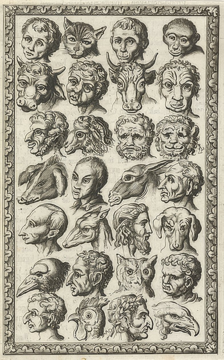 28 cabeças de humanos e animais (28 pares de van mensen end). 1682 de Jan Luyken