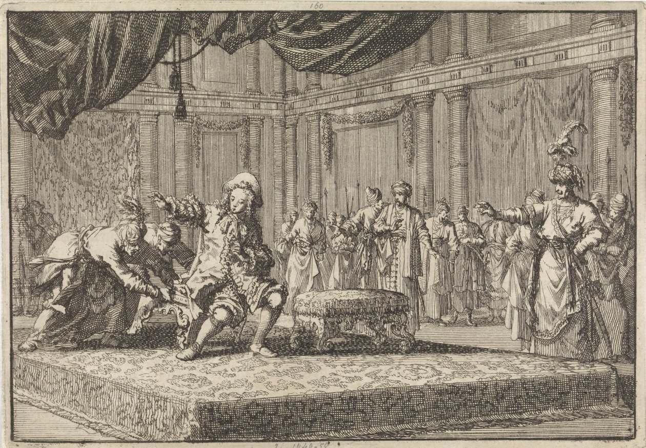 O enviado francês a Constantinopla é privado do lugar que tinha colocado ao lado da sede do Grand Vizier, 1677 de Jan Luyken