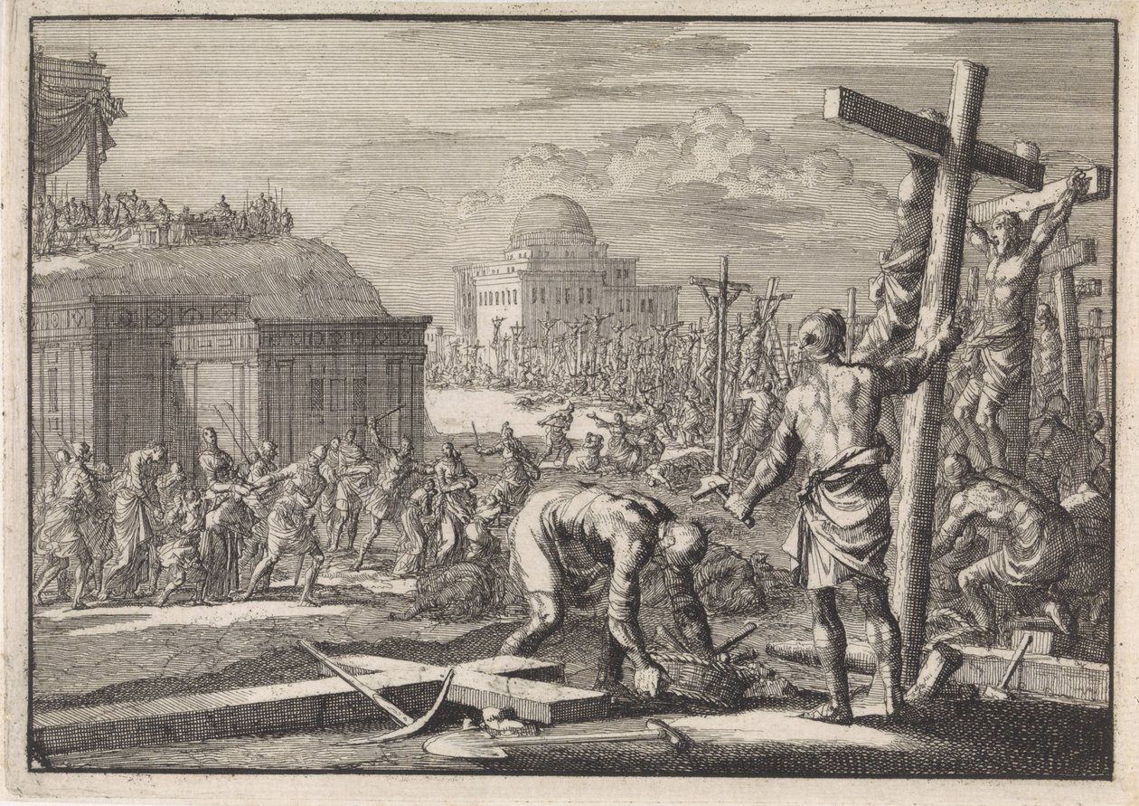 Alexander Joannes, príncipe dos judeus, tem súbditos crucificados contra ele de Jan Luyken