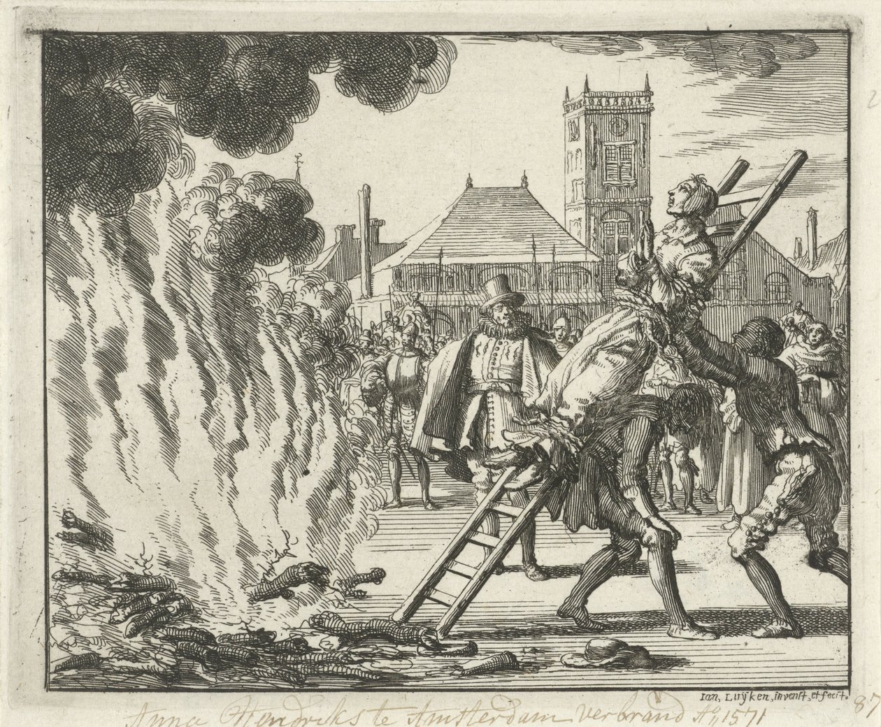 Anneken Hendriks, amarrada em uma escada, queimou em Amsterdã, 1571, 1685 de Jan Luyken
