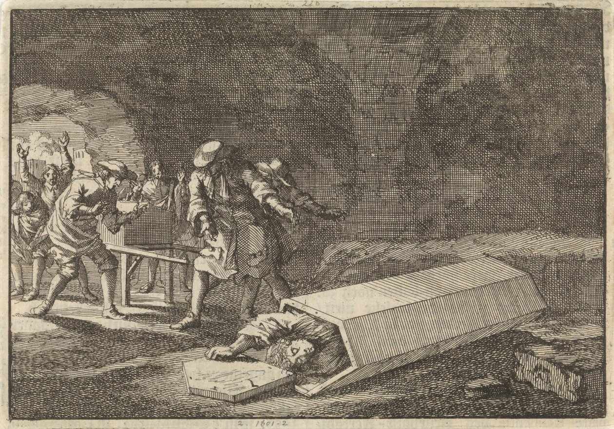 Os funerários em Roma vêem que Antonio Marlini, que tinham enterrado num cofre alguns dias antes, deve então ter estado aparentemente morto, 1696 de Jan Luyken