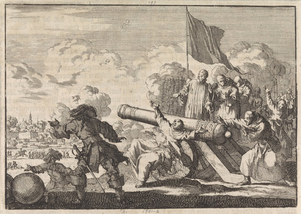 Cerco de Groningen durante o qual um canhão é abençoado por seis monges, 1672 de Jan Luyken