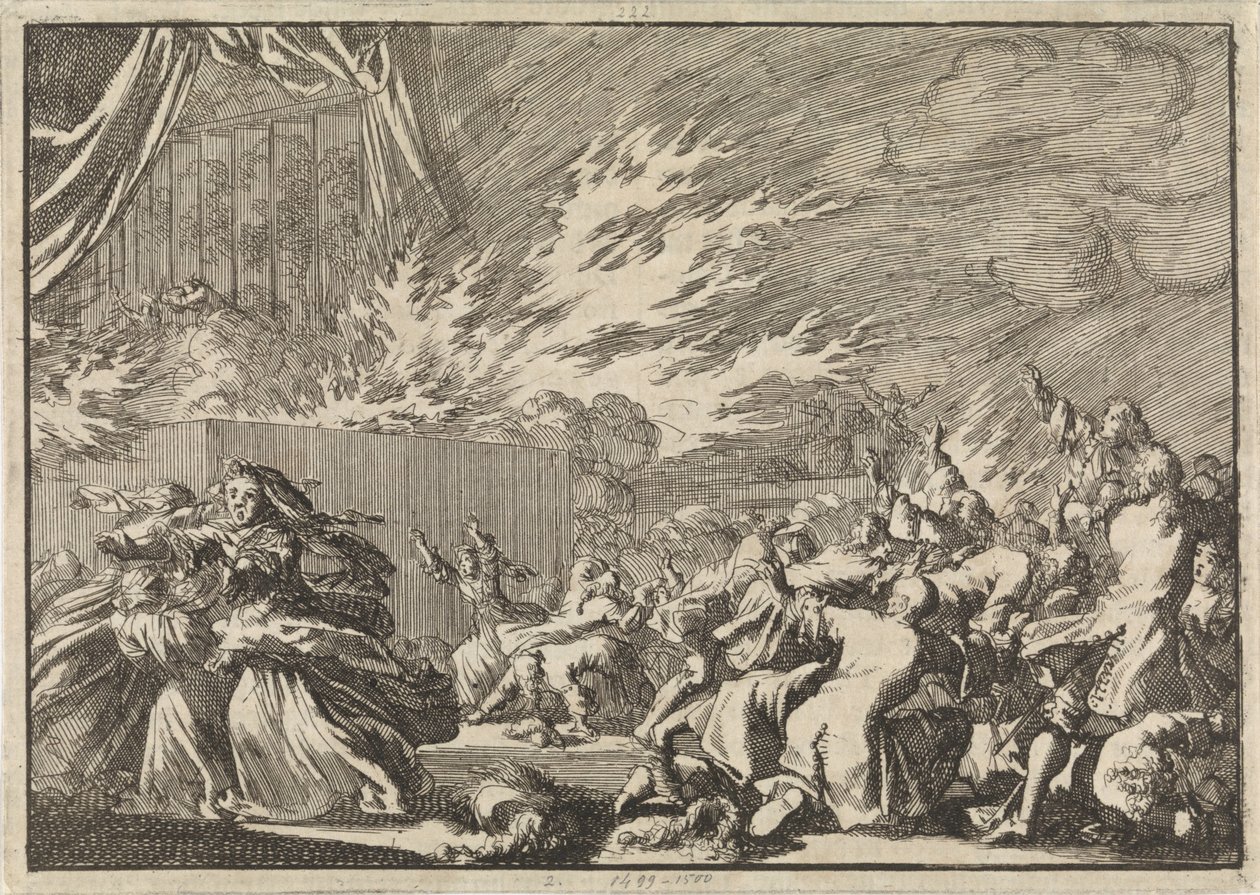Incêndio de um barracão de madeira no qual se realiza uma representação teatral ao lado do castelo de Amelienborg em Copenhaga, 1689 de Jan Luyken