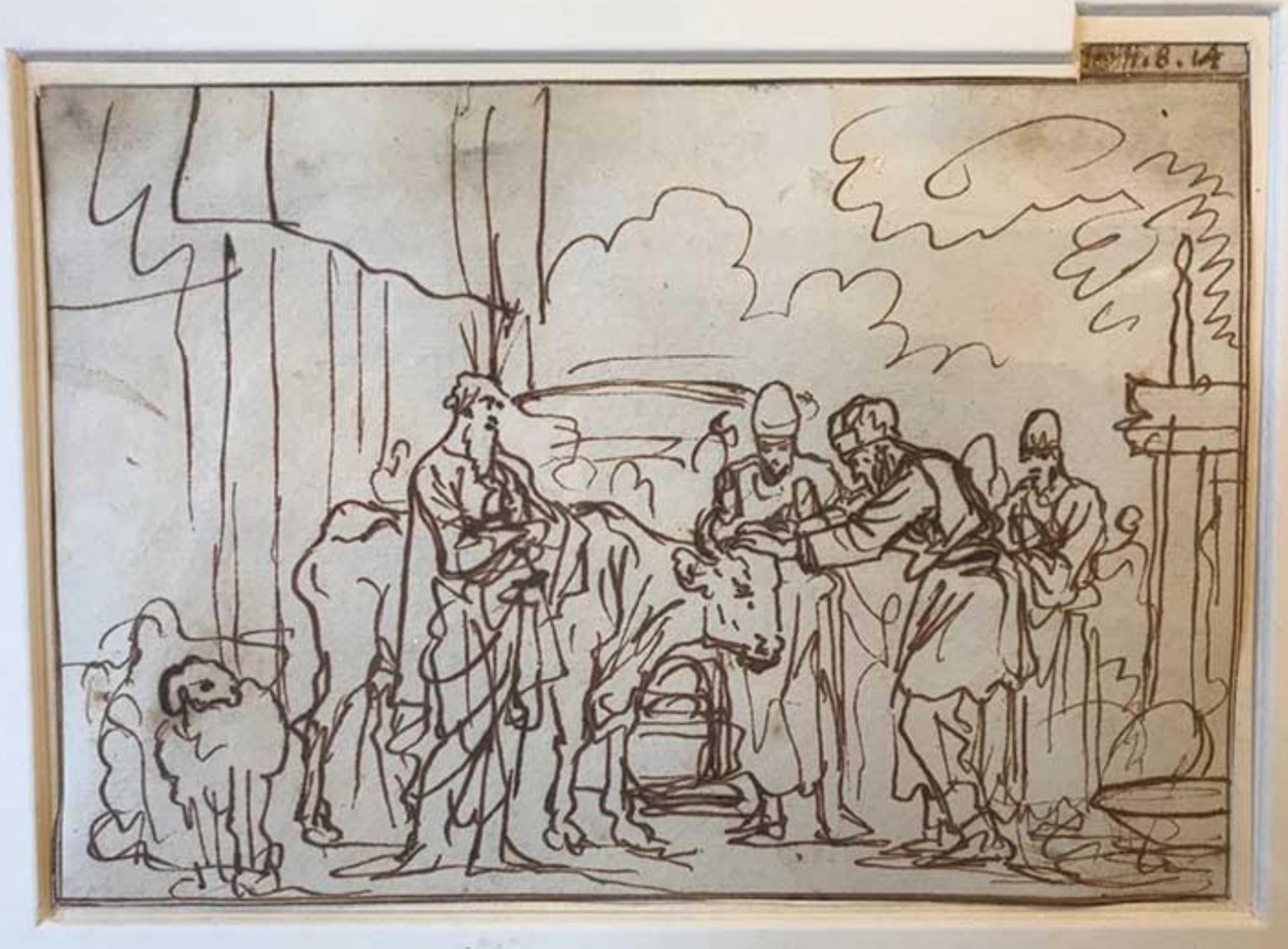 O touro é apresentado para a oferta pelo pecado, Aarão e os seus filhos colocam as mãos sobre a sua cabeça (Lev. 8,14) de Jan Luyken