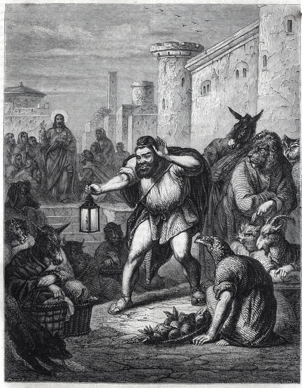Esop e Cristo: o escritor grego Esop (Esop ou Esopus, século VI a.C.), com uma lanterna na mão, cruza um passeio entre personagens com cabeças de animais em busca de "um homem". Atrás dele, vemos Jesus Cristo. Ilustração inspirada na fábula "Esope a un de Jan Luyken