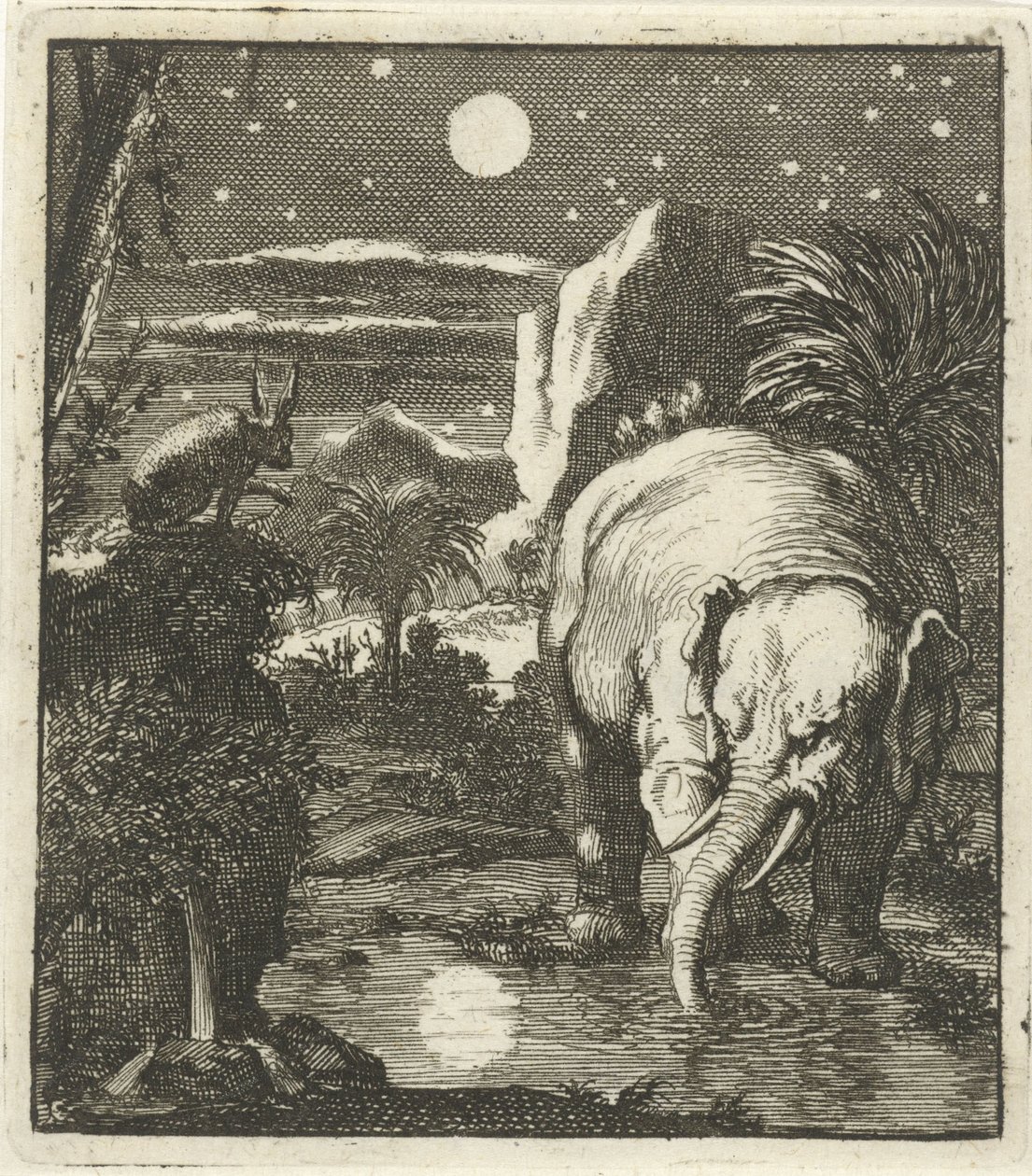 Lebre e elefante com lua cheia numa fonte de água de Jan Luyken