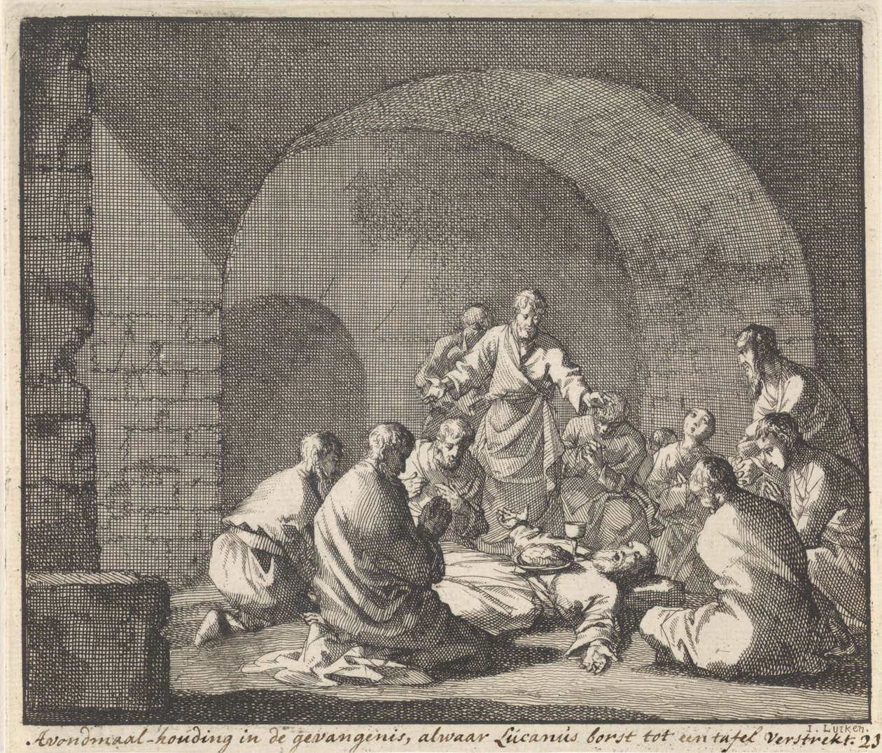 Santo Luciano celebra o jantar na prisão
Postura de comunhão numa prisão onde Lucianus fornece o peito a uma mesa (título sobre o objecto) de Jan Luyken