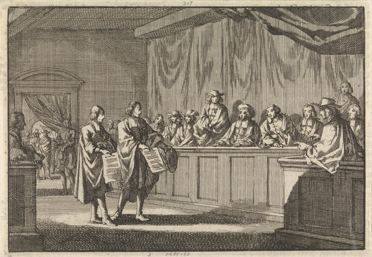 Os pastores reformados Gilly e Courdil leram uma declaração no sínodo em Sorges de que se converteriam à Igreja Católica, 3 de junho de 1683 de Jan Luyken
