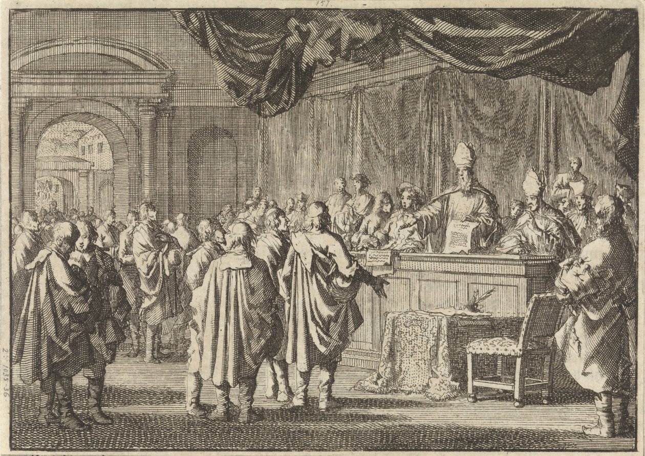 Reformado na Hungria perante um tribunal de bispos e outros romanistas, 1670 de Jan Luyken
