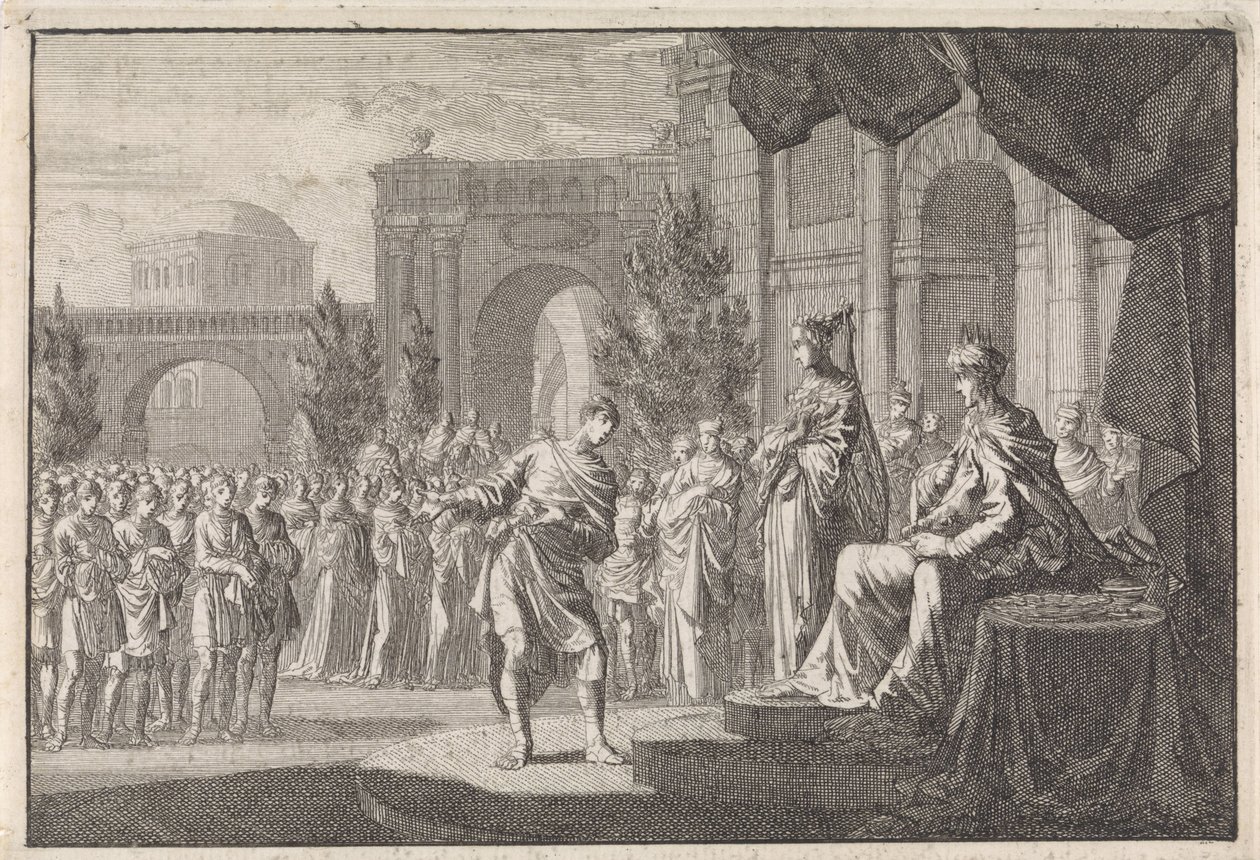 Hyrkanus perante o trono de Ptolomew Philadelphus de Jan Luyken
