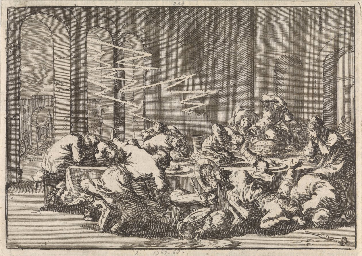 Na aldeia polaca de Perzyn, 23 pessoas são mortas por um relâmpago durante uma refeição baptismal, 1676 de Jan Luyken