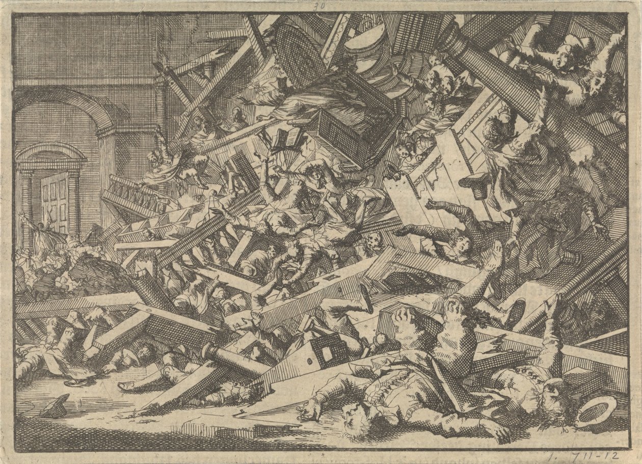 Galeria desmoronada durante um culto católico na casa do enviado espanhol em Londres, 1623 de Jan Luyken