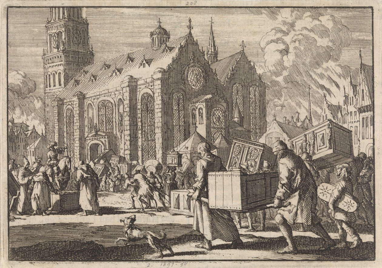 Os habitantes de Spires de boa fé trazem seus móveis para a catedral onde são posteriormente queimados pelo general francês Monclar, 1689 de Jan Luyken