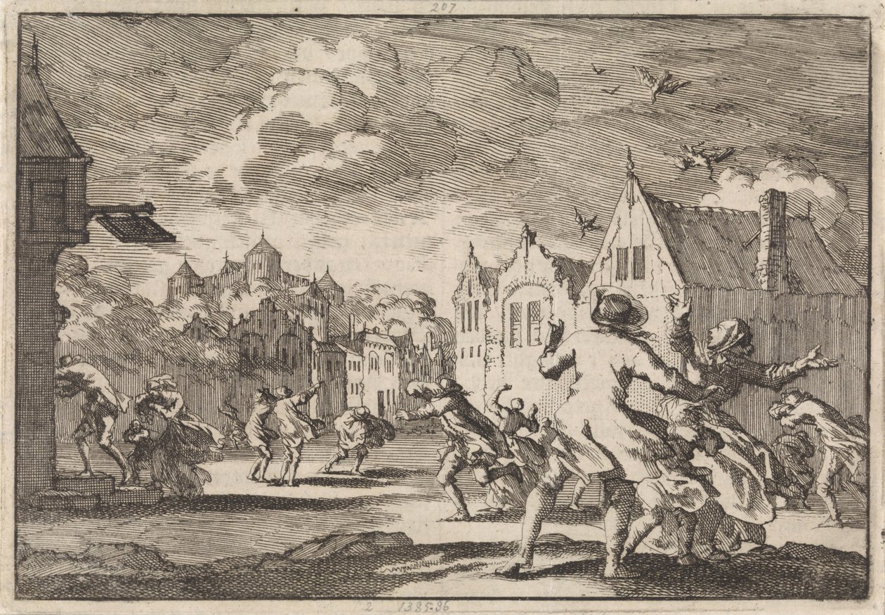 Os residentes de uma aldeia perto do Castelo de Luchow em Lüneburg são assolados por um turbilhão em que as aves caem mortas do céu, 1671 de Jan Luyken