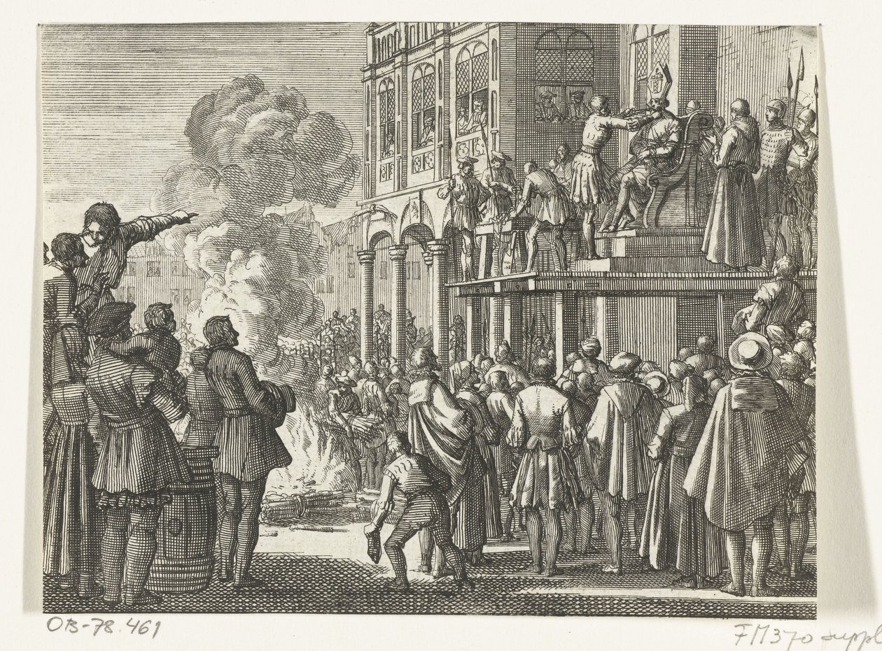 Jacob van Campen com mitra na cabeça no cadafalso em Amesterdão, 1535 de Jan Luyken