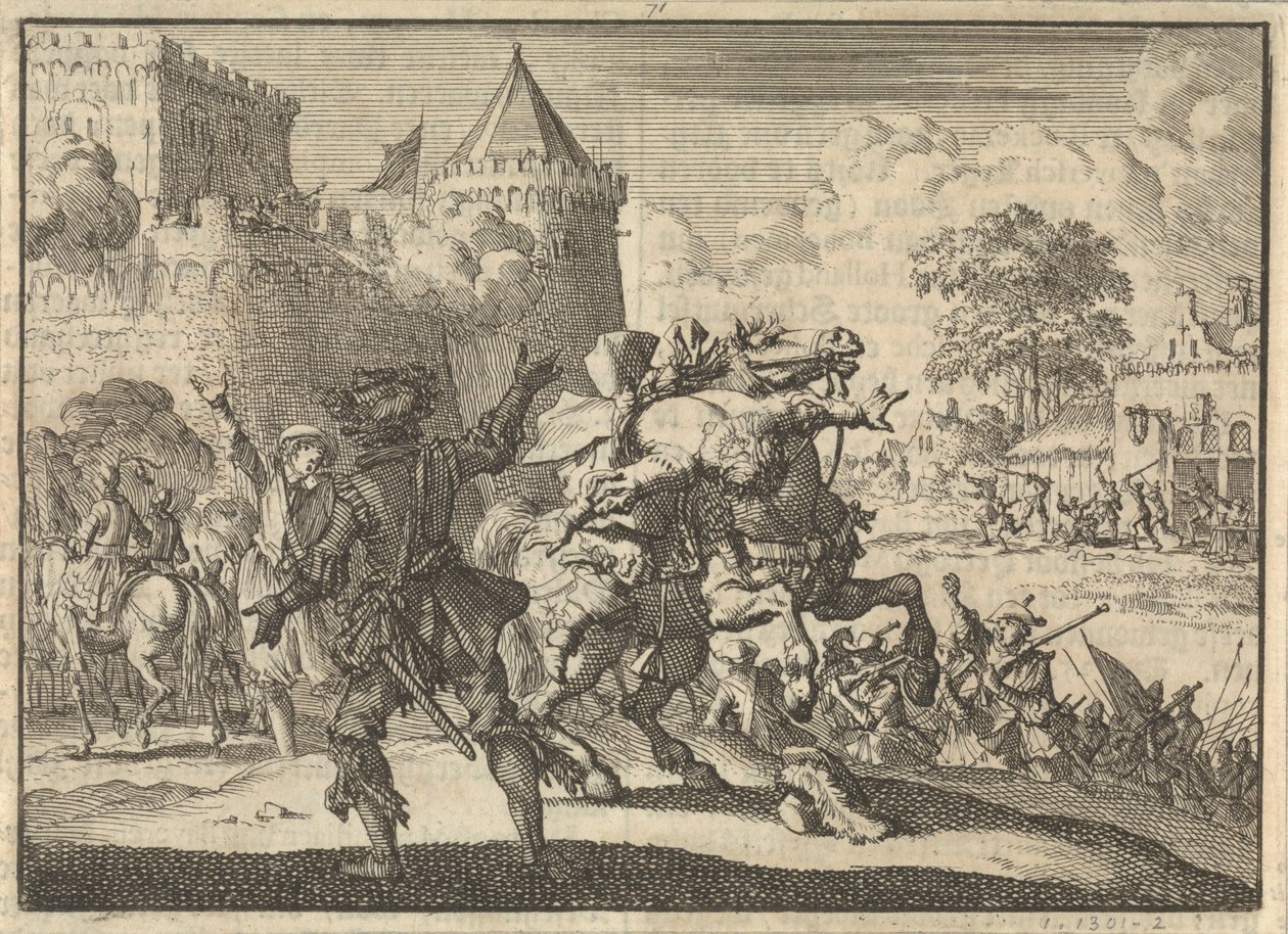 O comandante imperial Dampier cai do seu cavalo após ter sido baleado das paredes de Presburg (Bratislava), 1620 de Jan Luyken