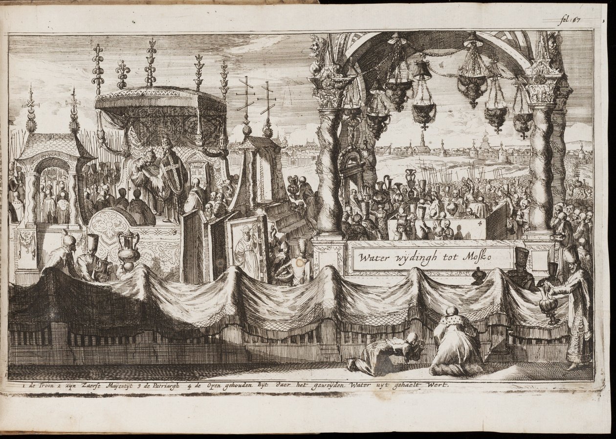 A Grande Bênção das Águas em Moscou (cerimônia religiosa anual com procissão) - Obra de Jan (Johannes) Luyken (1649-1712), gravura (20,1x30 cm) de Jan Luyken