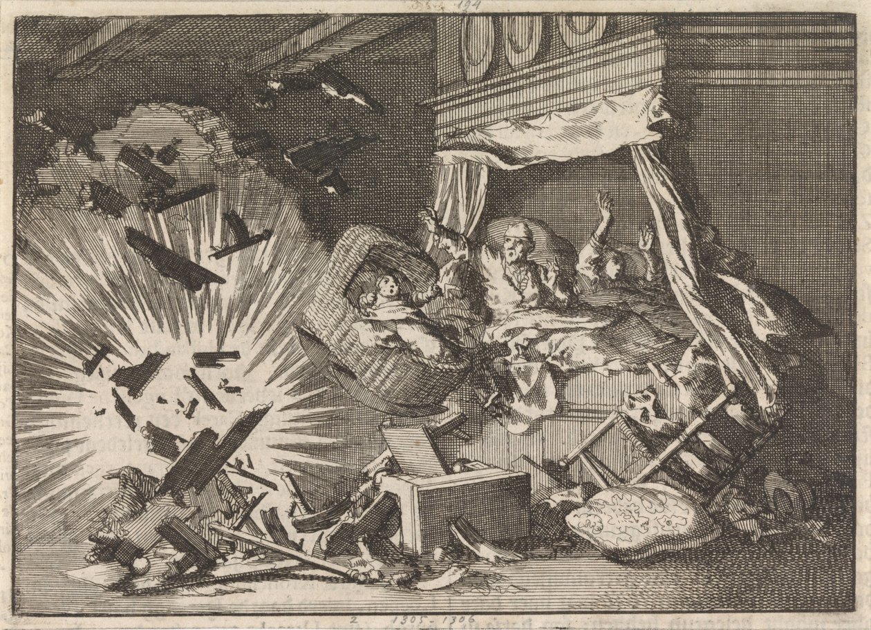 Explosão de uma bomba numa casa em Ebbingestraat, em Groningen, 1672 de Jan Luyken