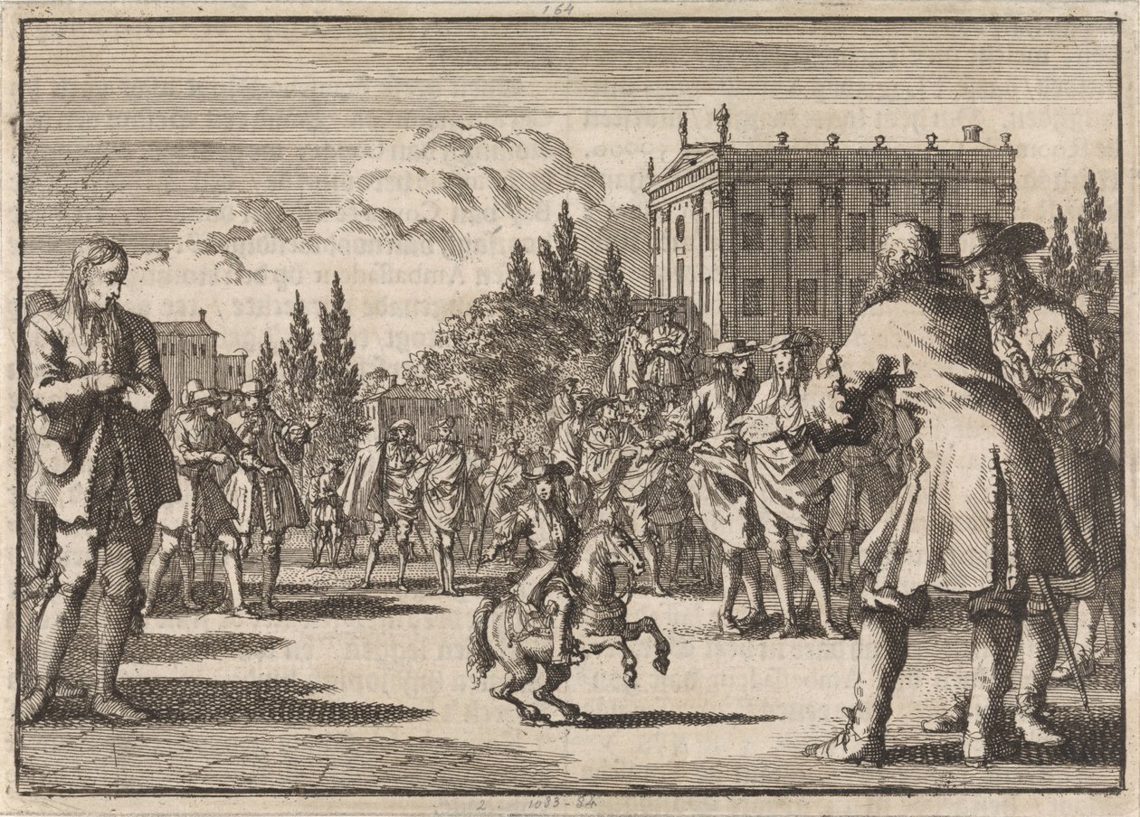 Em uma praça em Madrid uma multidão se reuniu em torno de Louisillo, o anão do rei da Espanha, 1675 de Jan Luyken
